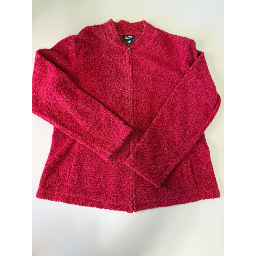 Eileen Fisher Red Wool Boucle Full Zip Cardigan Sweater Mock Neck Medium